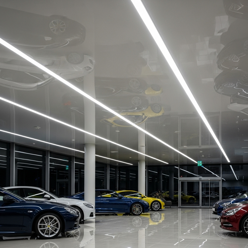 Showroom mit Lichtkanal und Hochglanz-Spanndecke in Weiß